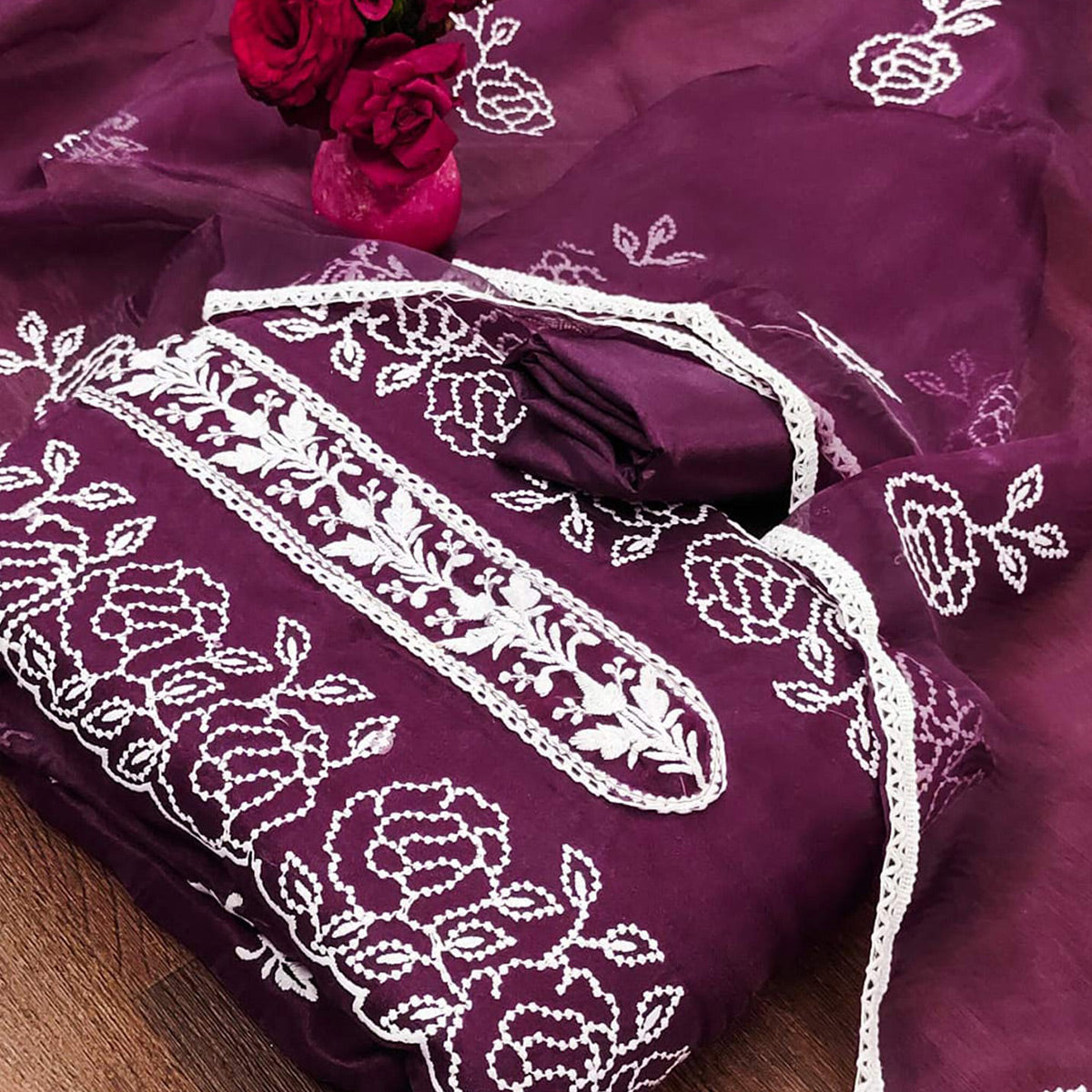 Wine Floral Embroidered Organza Dress Material
