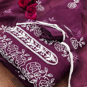 Wine Floral Embroidered Organza Dress Material