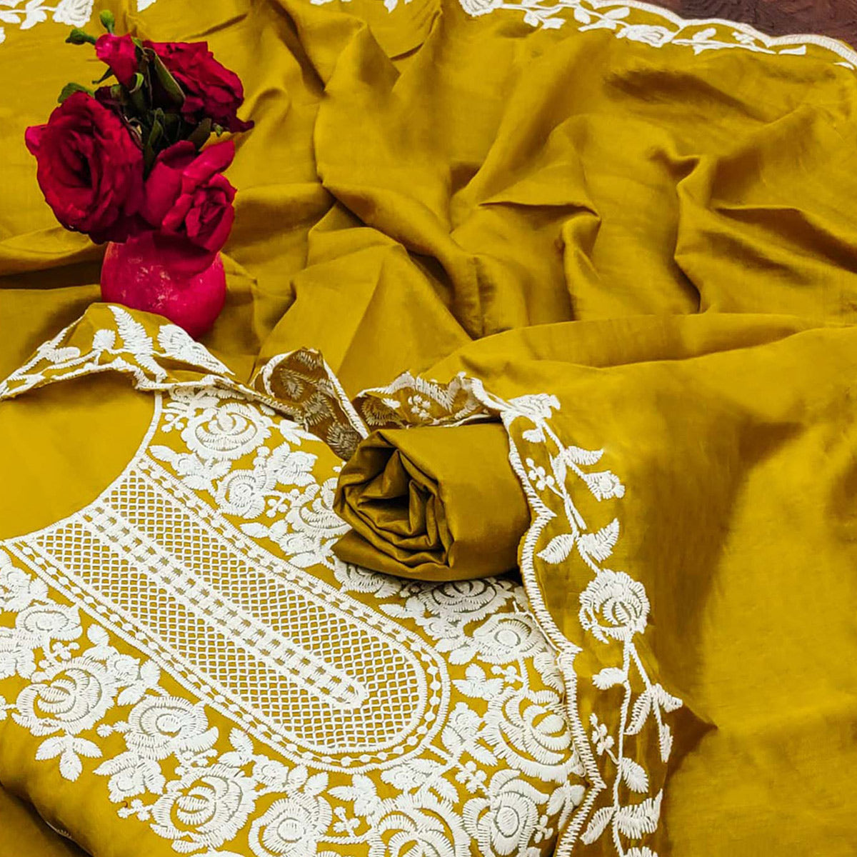 Mustard Floral Embroidered Chanderi Dress Material