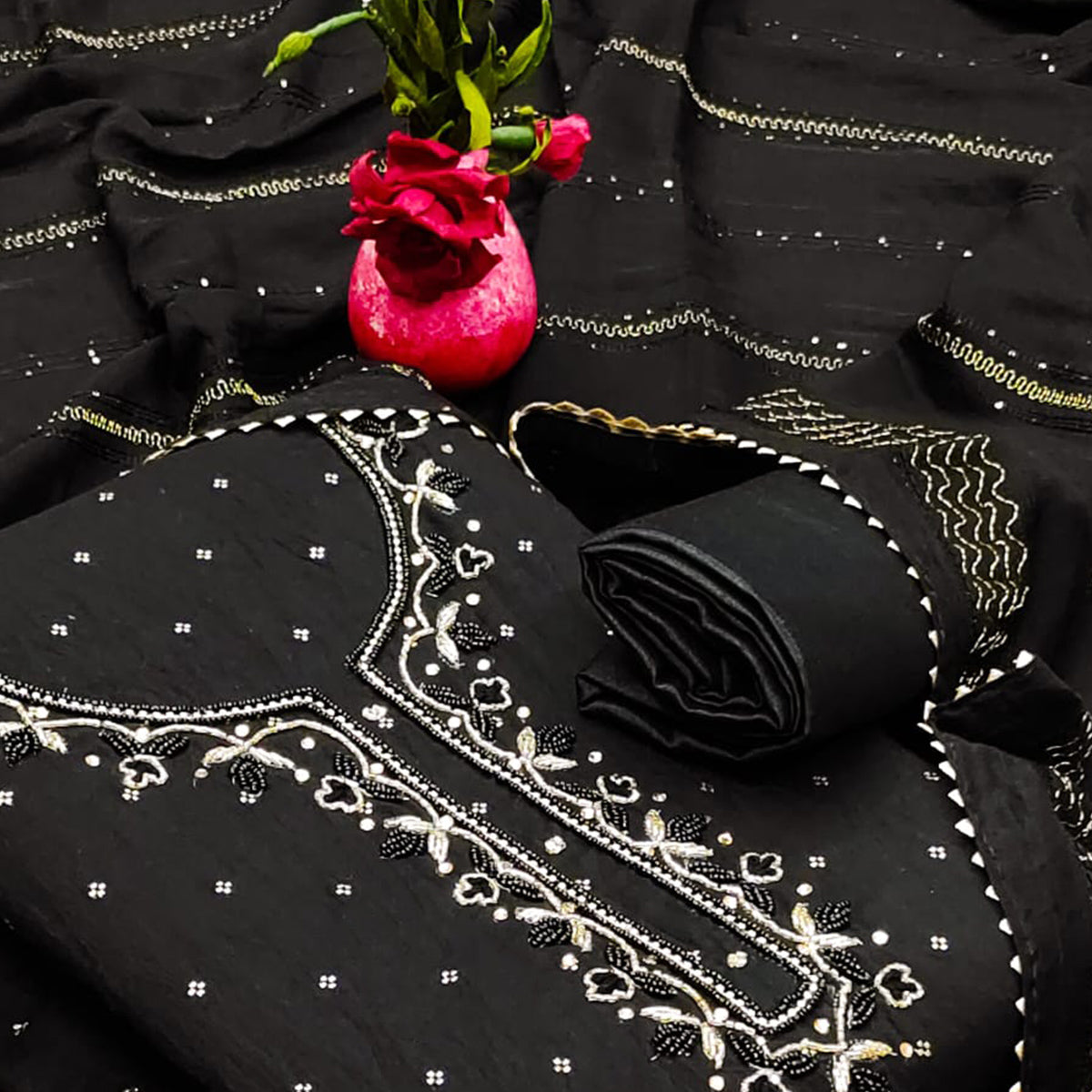 Black Butti With Hand Embroidered Jacquard Dress Material
