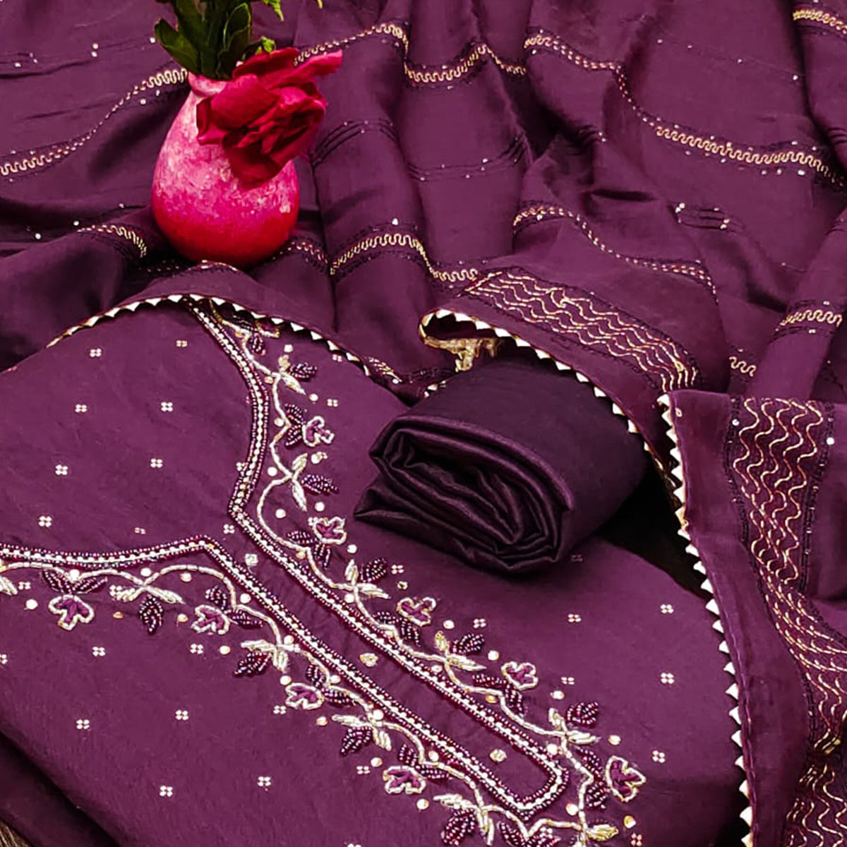 Wine Butti With Hand Embroidered Jacquard Dress Material