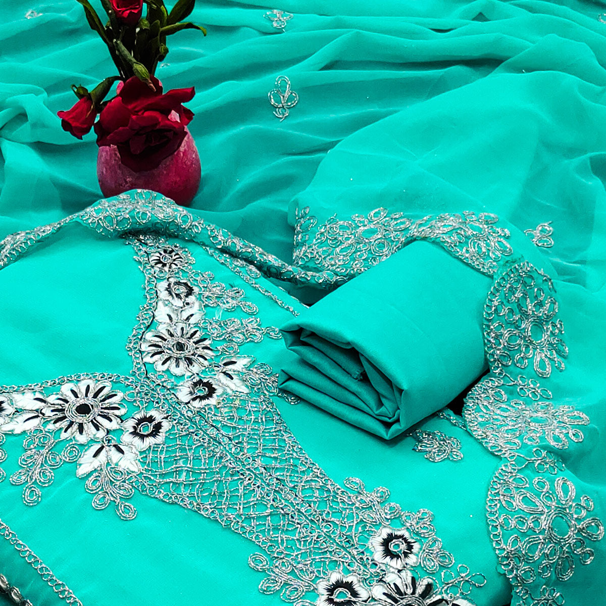 Turquoise Floral Embroidered Georgette Dress Material