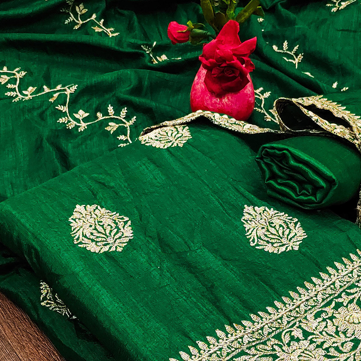 Green Floral Embroidered Vichitra Silk Dress Material