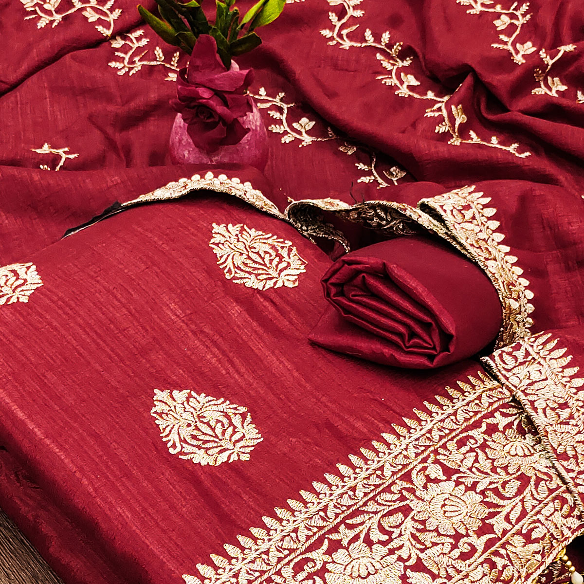 Maroon Floral Embroidered Vichitra Silk Dress Material