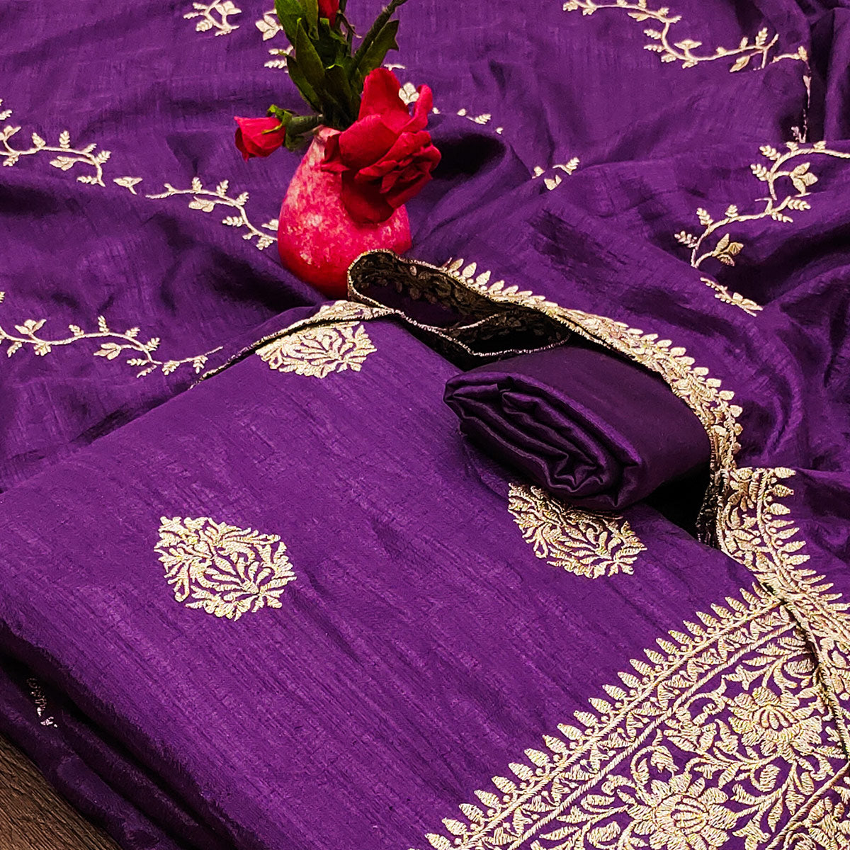 Purple Floral Embroidered Vichitra Silk Dress Material