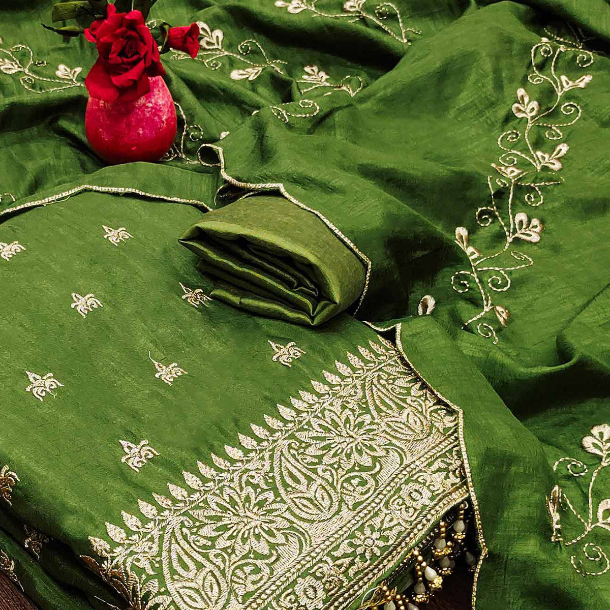 Green Embroidered Vichitra Silk Dress Material