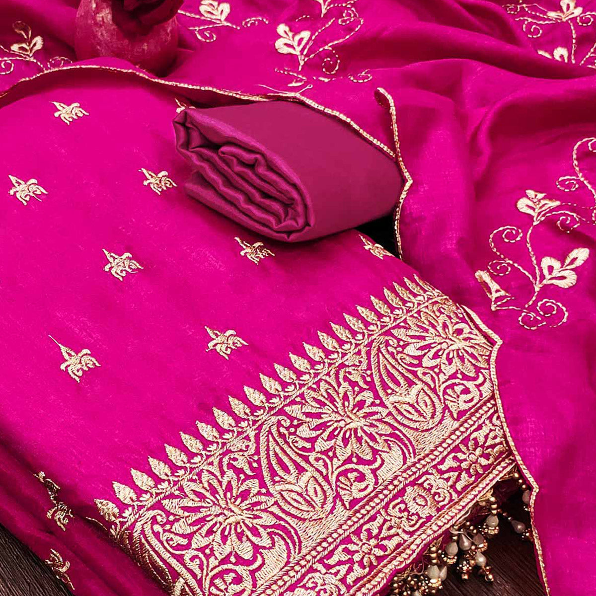 Rani Pink Embroidered Vichitra Silk Dress Material
