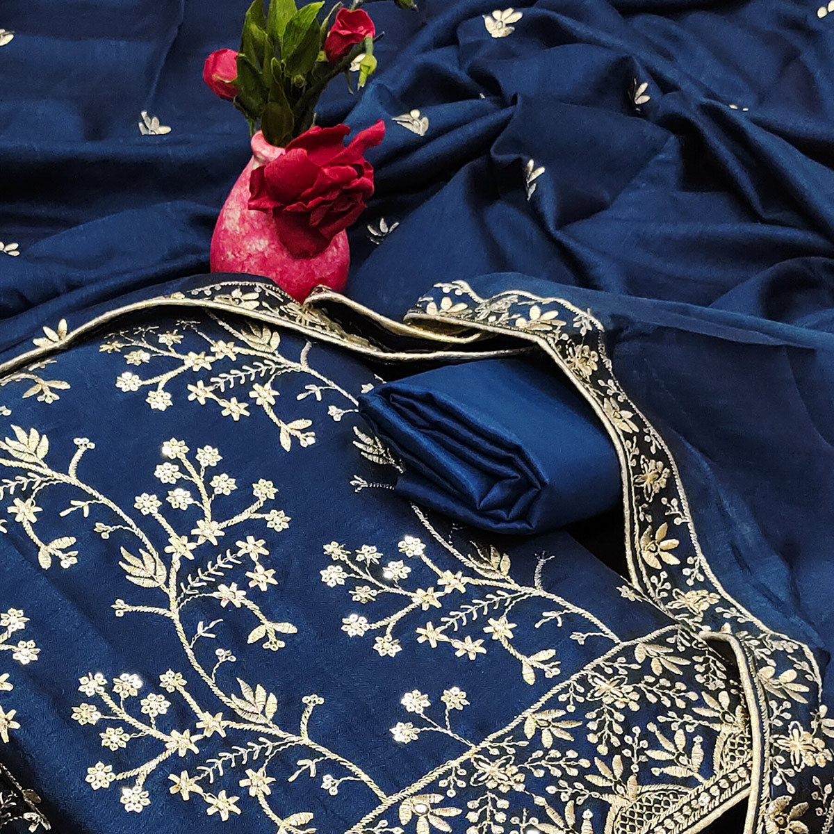 Blue Floral Embroidered Vichitra Silk Dress Material