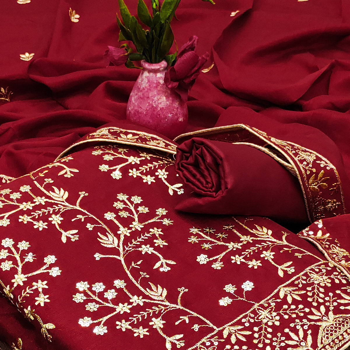 Maroon Floral Embroidered Vichitra Silk Dress Material