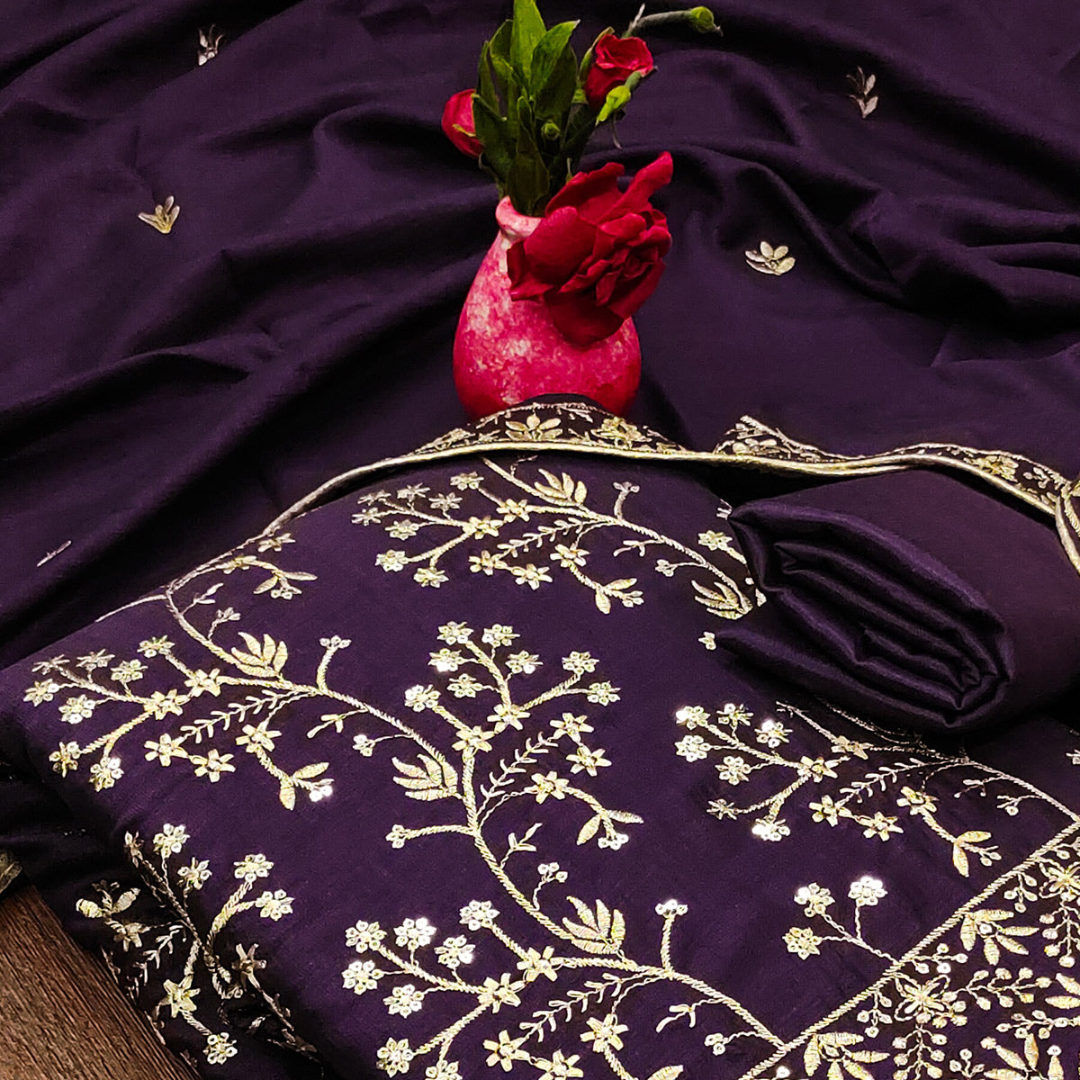 Purple Floral Embroidered Vichitra Silk Dress Material