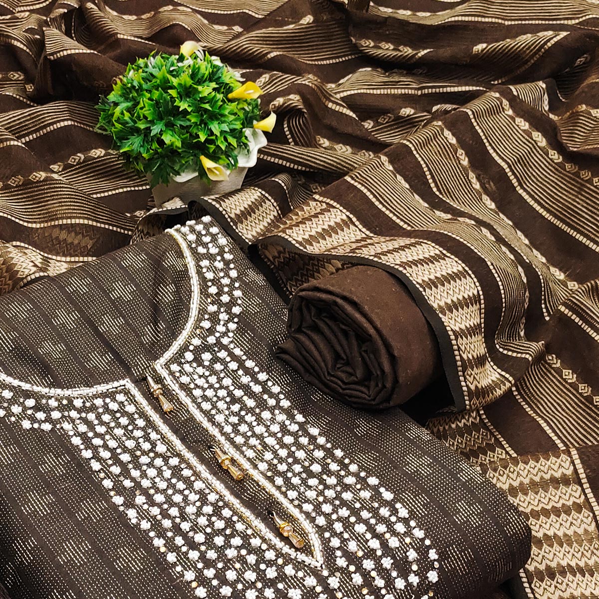 Brown Woven With Handwork Cotton Blend Dress Material