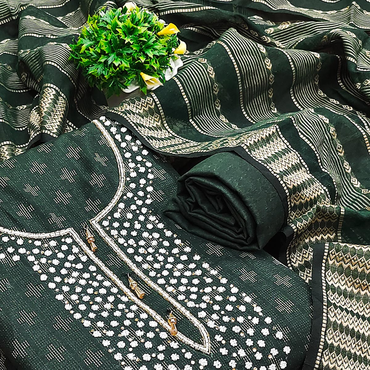 Green Woven With Handwork Cotton Blend Dress Material