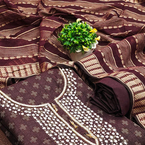 Wine Woven With Handwork Cotton Blend Dress Material