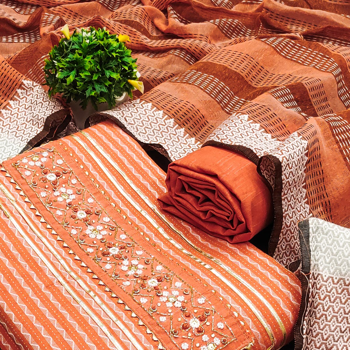 Orange Woven With Handwork Cotton Blend Dress Material