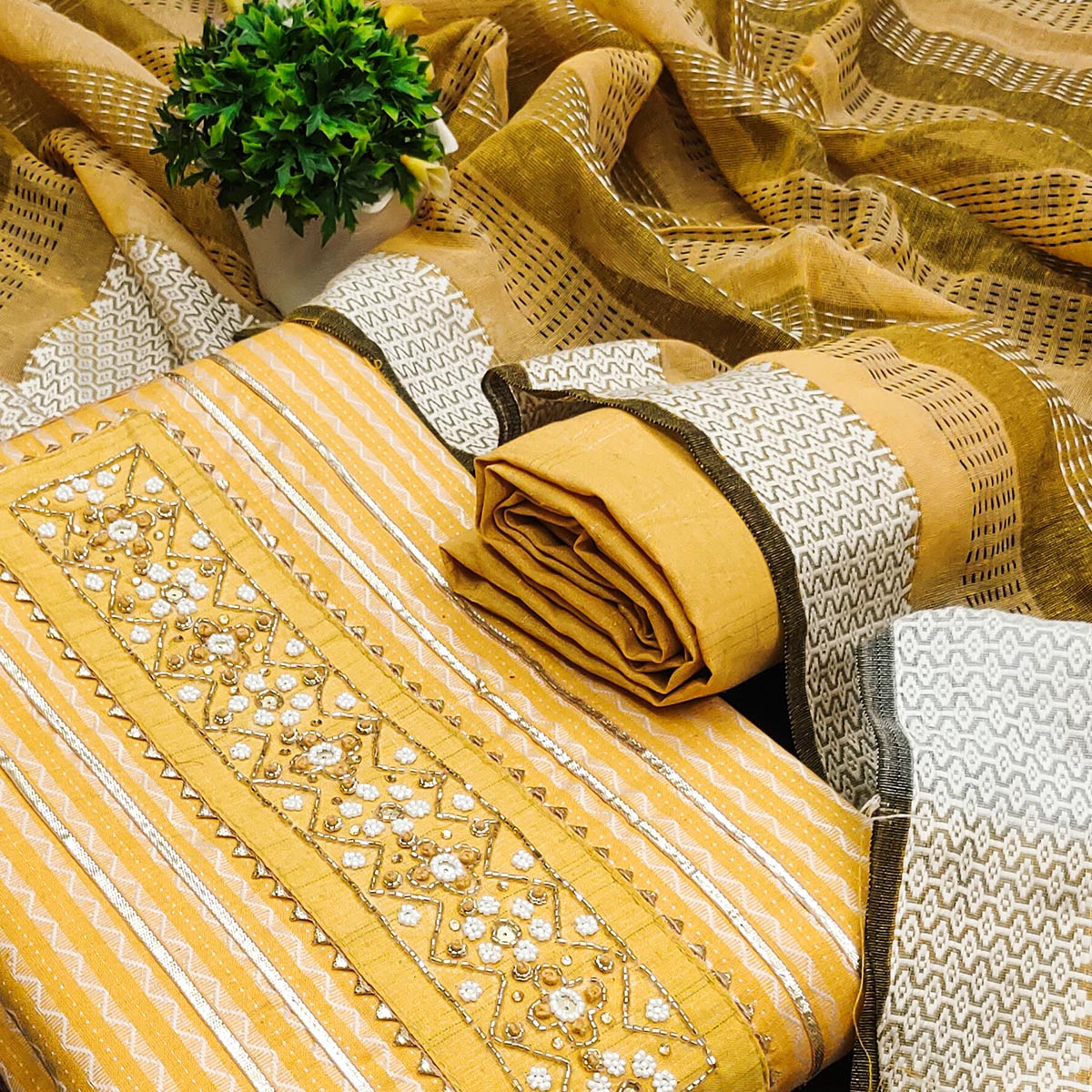 Yellow Woven With Handwork Cotton Blend Dress Material