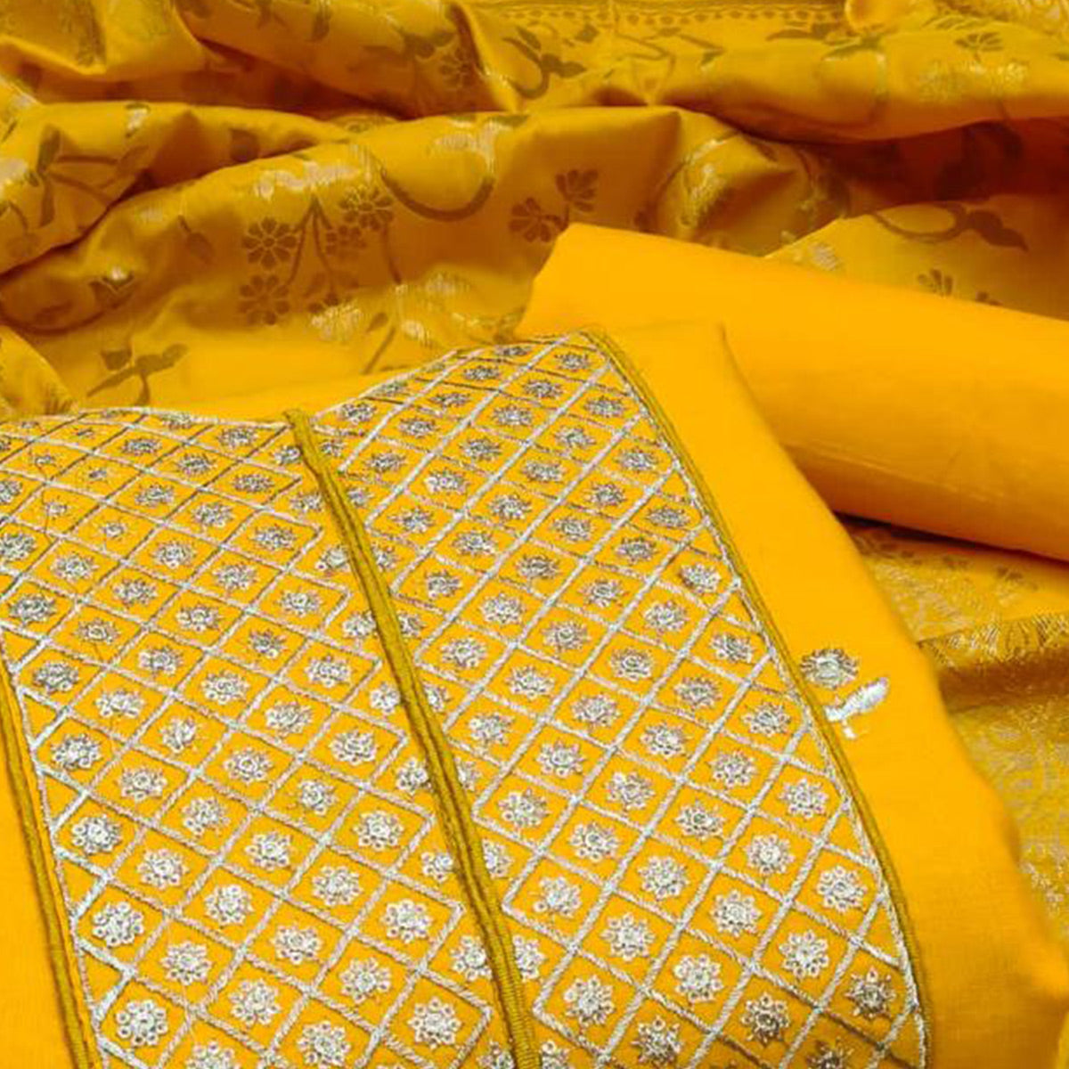 Yellow Floral Embroidered Cotton Blend Dress Material