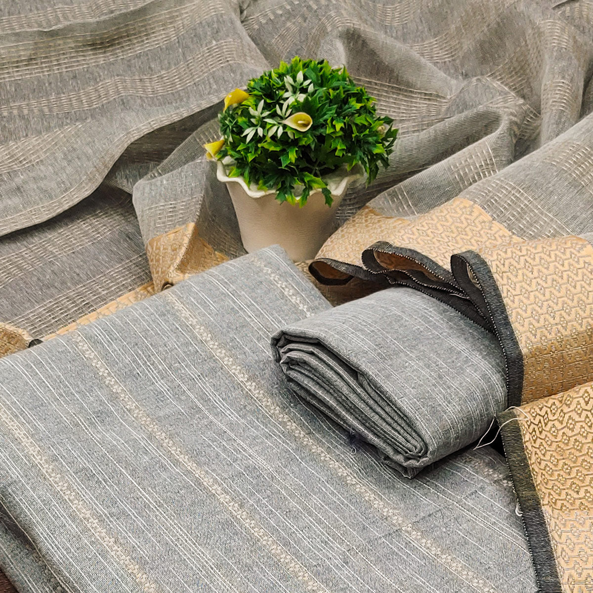 Grey Woven Cotton Blend Dress Material