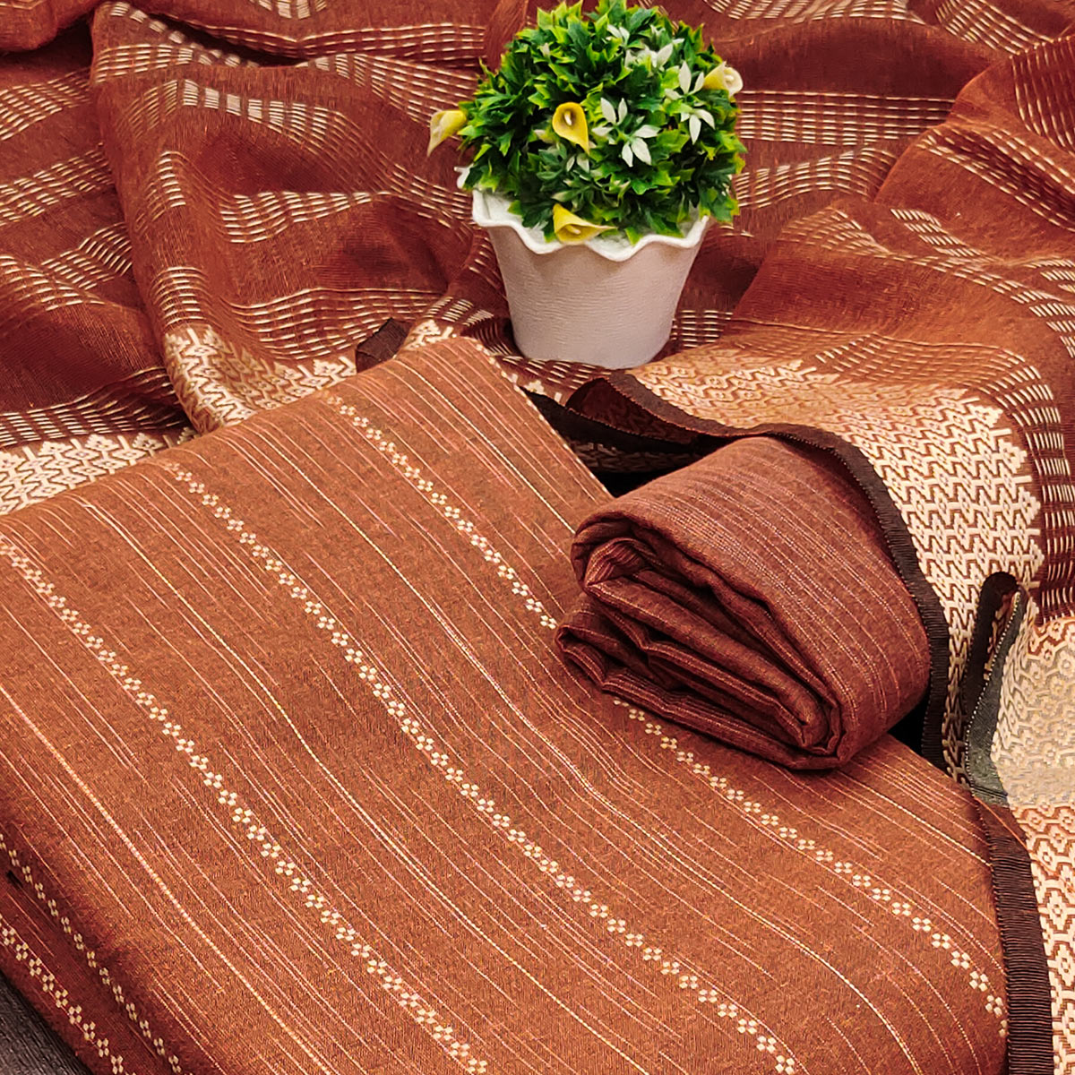 Rust Woven Cotton Blend Dress Material