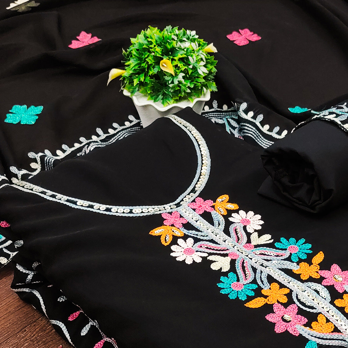 Black Floral Sequins Embroidered Georgette Dress Material