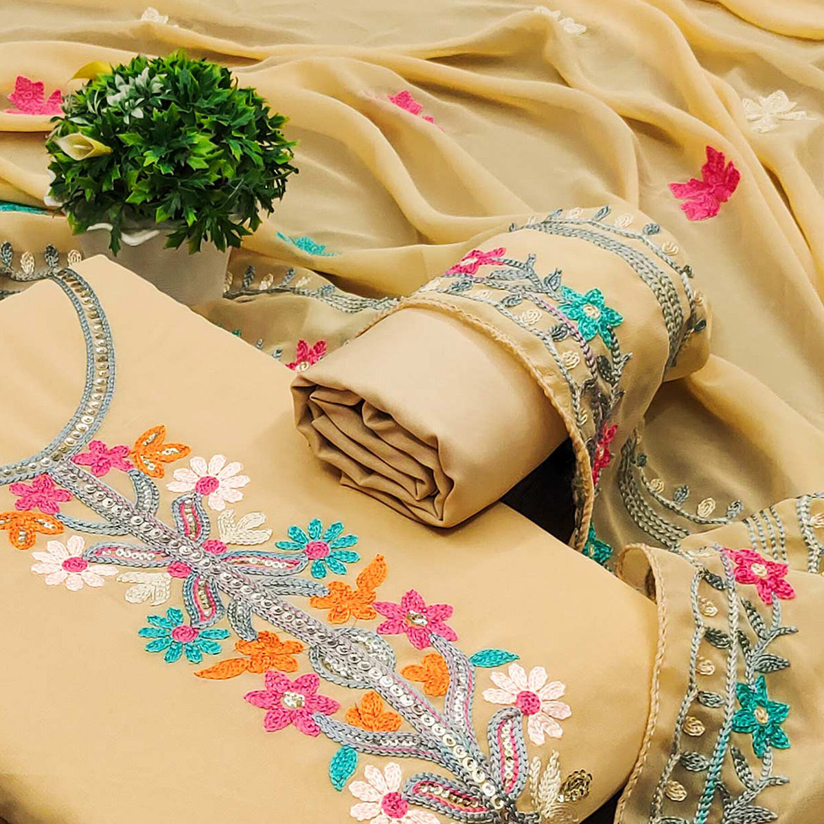 Chikoo Floral Sequins Embroidered Georgette Dress Material