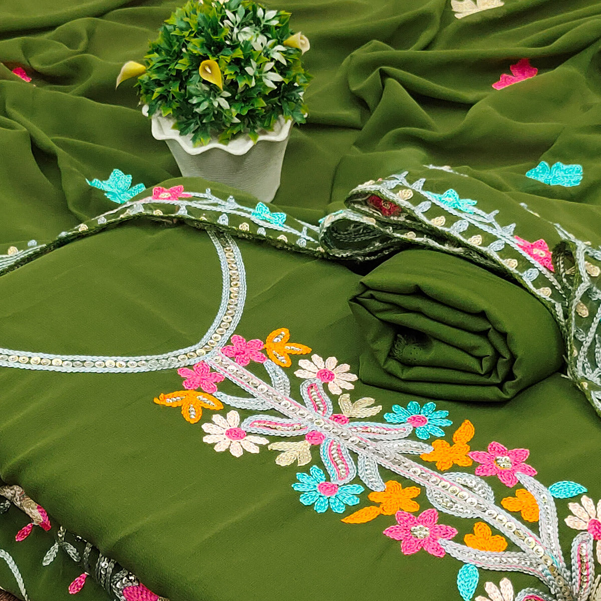 Green Floral Sequins Embroidered Georgette Dress Material