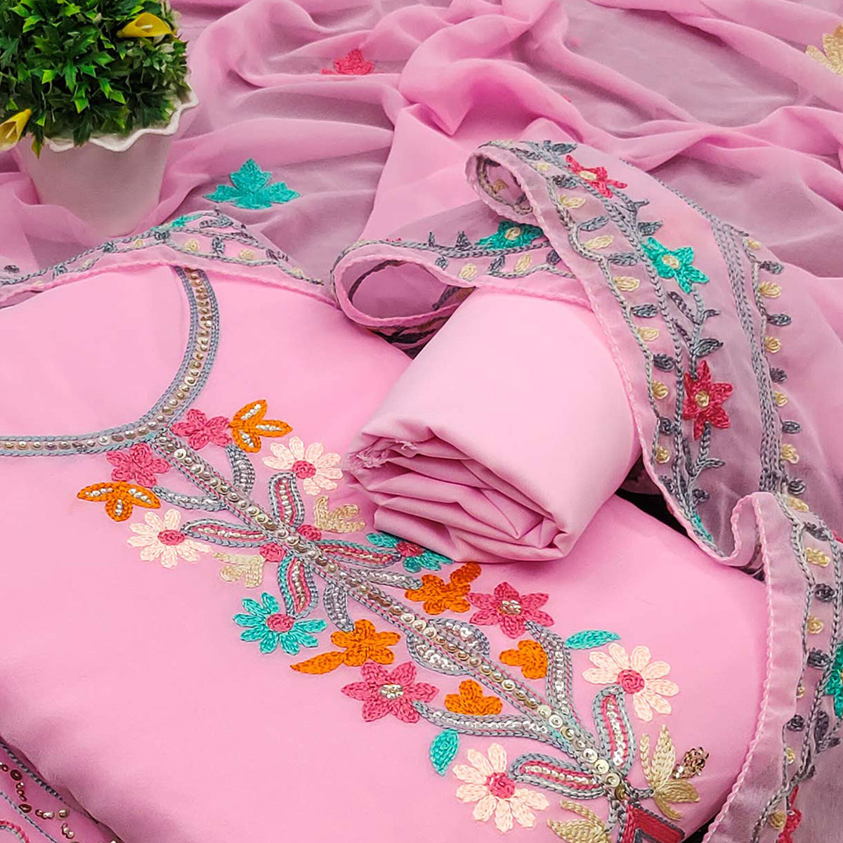 Pink Floral Sequins Embroidered Georgette Dress Material