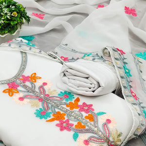 White Floral Sequins Embroidered Georgette Dress Material
