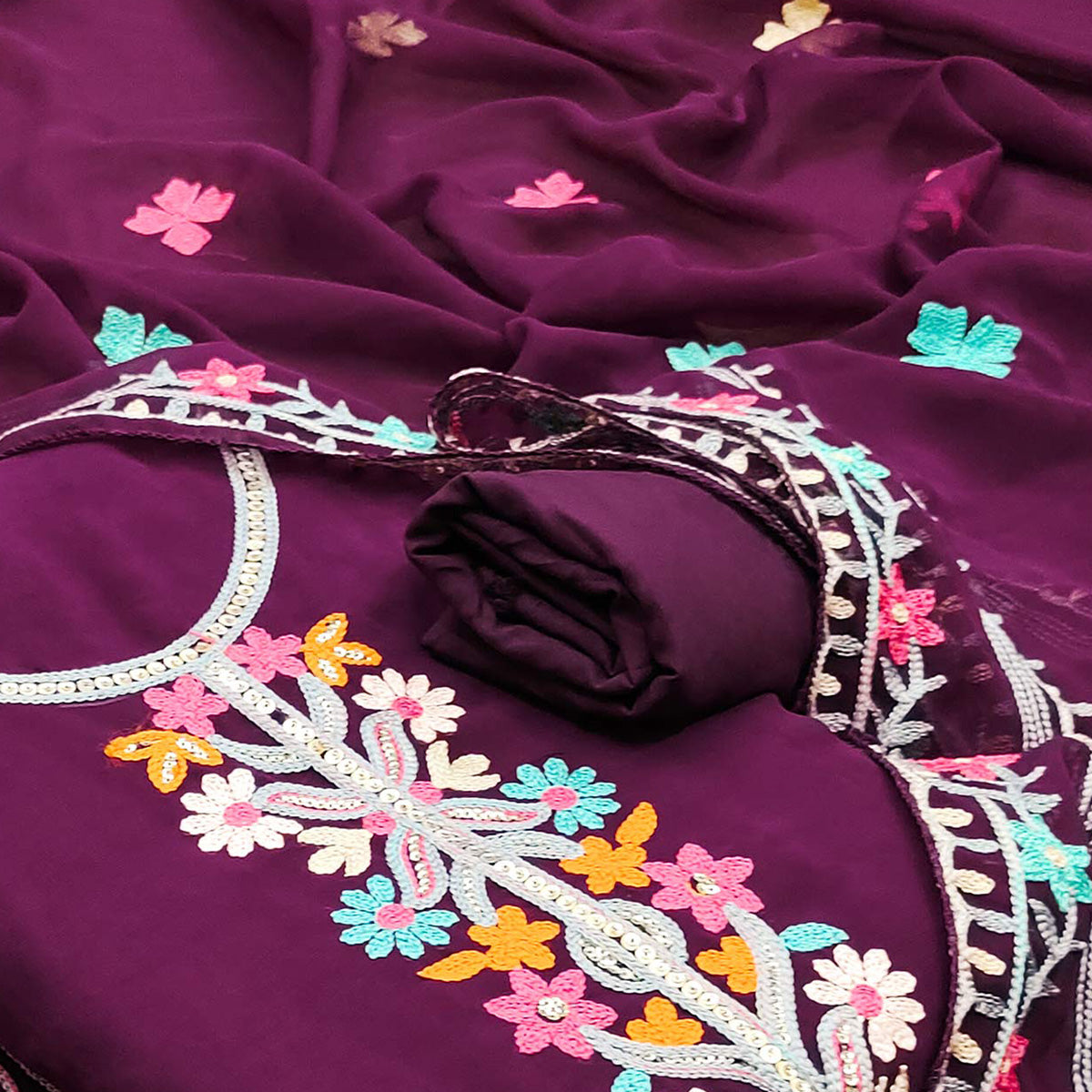 Wine Floral Sequins Embroidered Georgette Dress Material