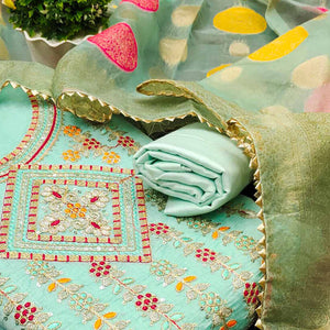 Turquoise Floral Sequins Embroidered Chanderi Dress Material