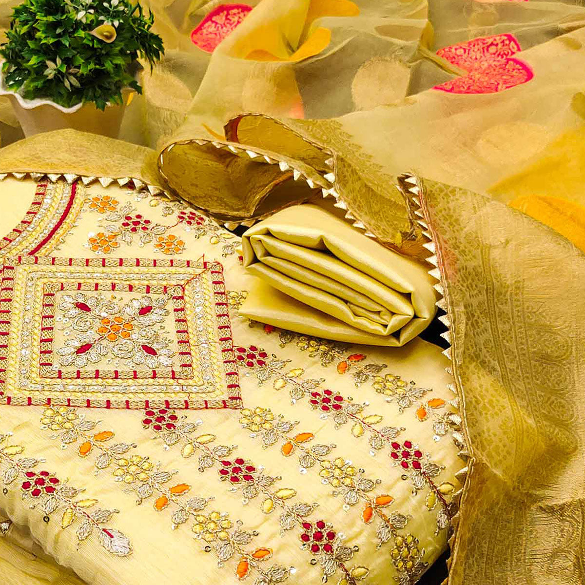 Yellow Floral Sequins Embroidered Chanderi Dress Material