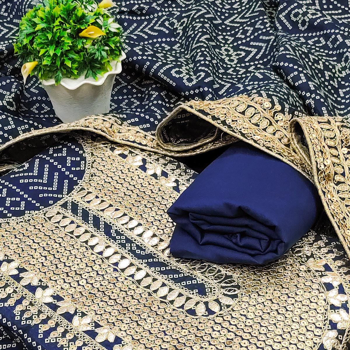 Blue Bandhani Printed With Sequins Work Bhagalpuri Silk Dress Material