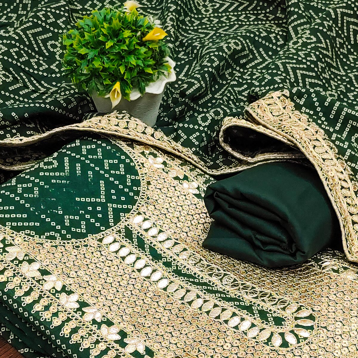Green Bandhani Printed With Sequins Work Bhagalpuri Silk Dress Material