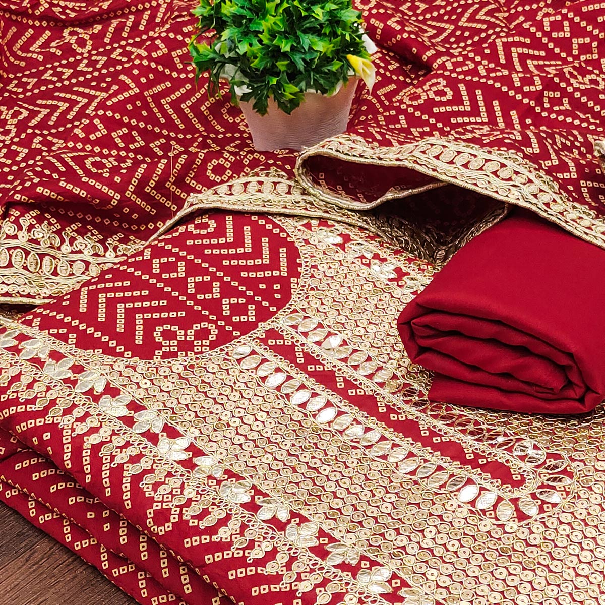 Red Bandhani Printed With Sequins Work Bhagalpuri Silk Dress Material