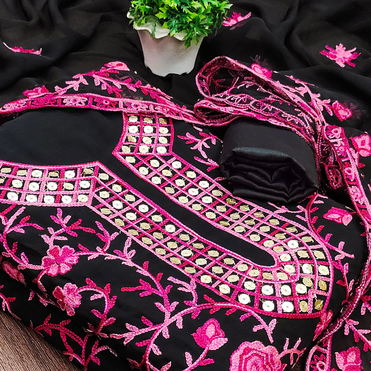 Black & Gajari Pink Floral Sequins Embroidered Georgette Dress Material