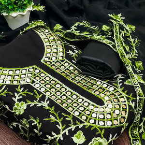 Black & Green Floral Sequins Embroidered Georgette Dress Material