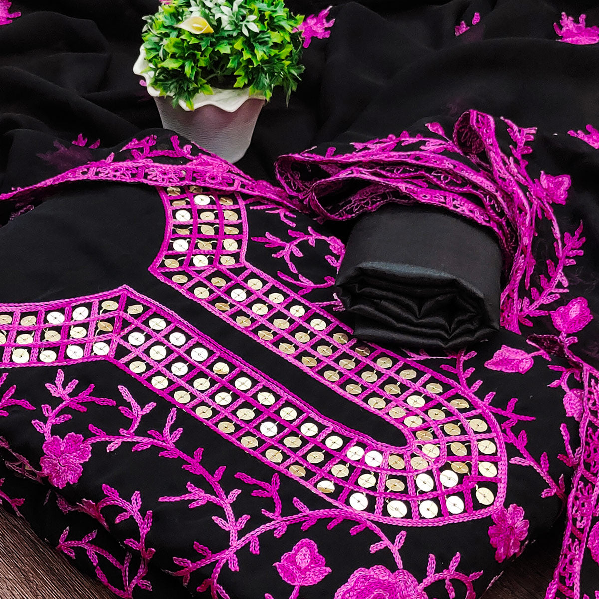 Black & Pink Floral Sequins Embroidered Georgette Dress Material