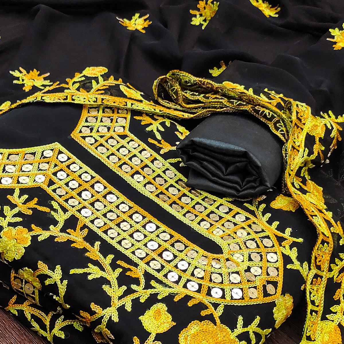 Black & Yellow Floral Sequins Embroidered Georgette Dress Material