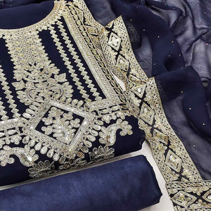 Navy Blue Floral Sequins Embroidered Georgette Dress Material