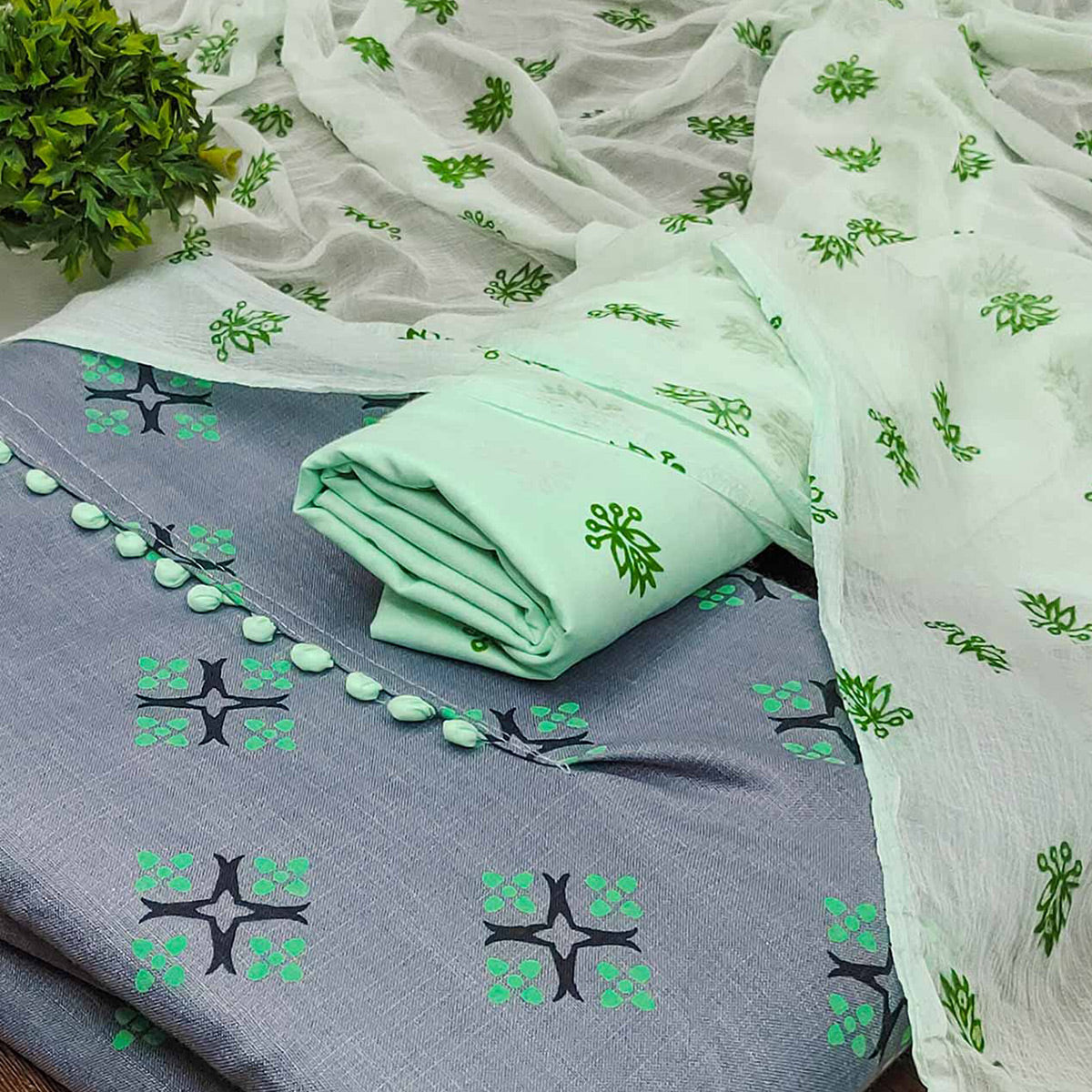 Grey & Green Floral Printed Cotton Blend Dress Material