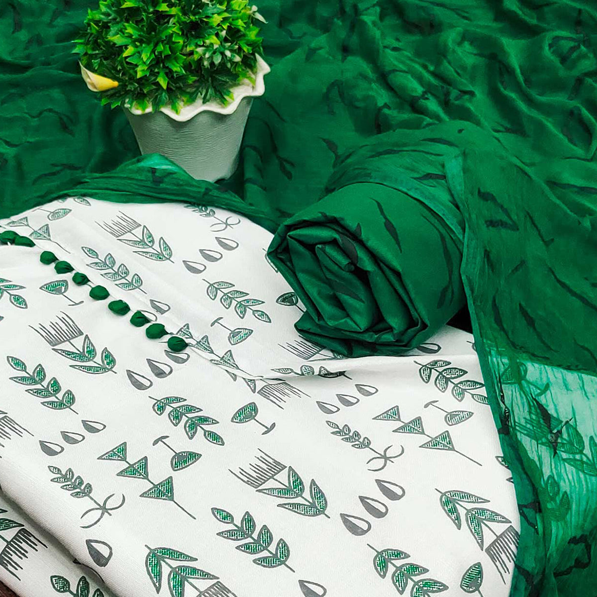 White & Green Floral Printed Cotton Blend Dress Material