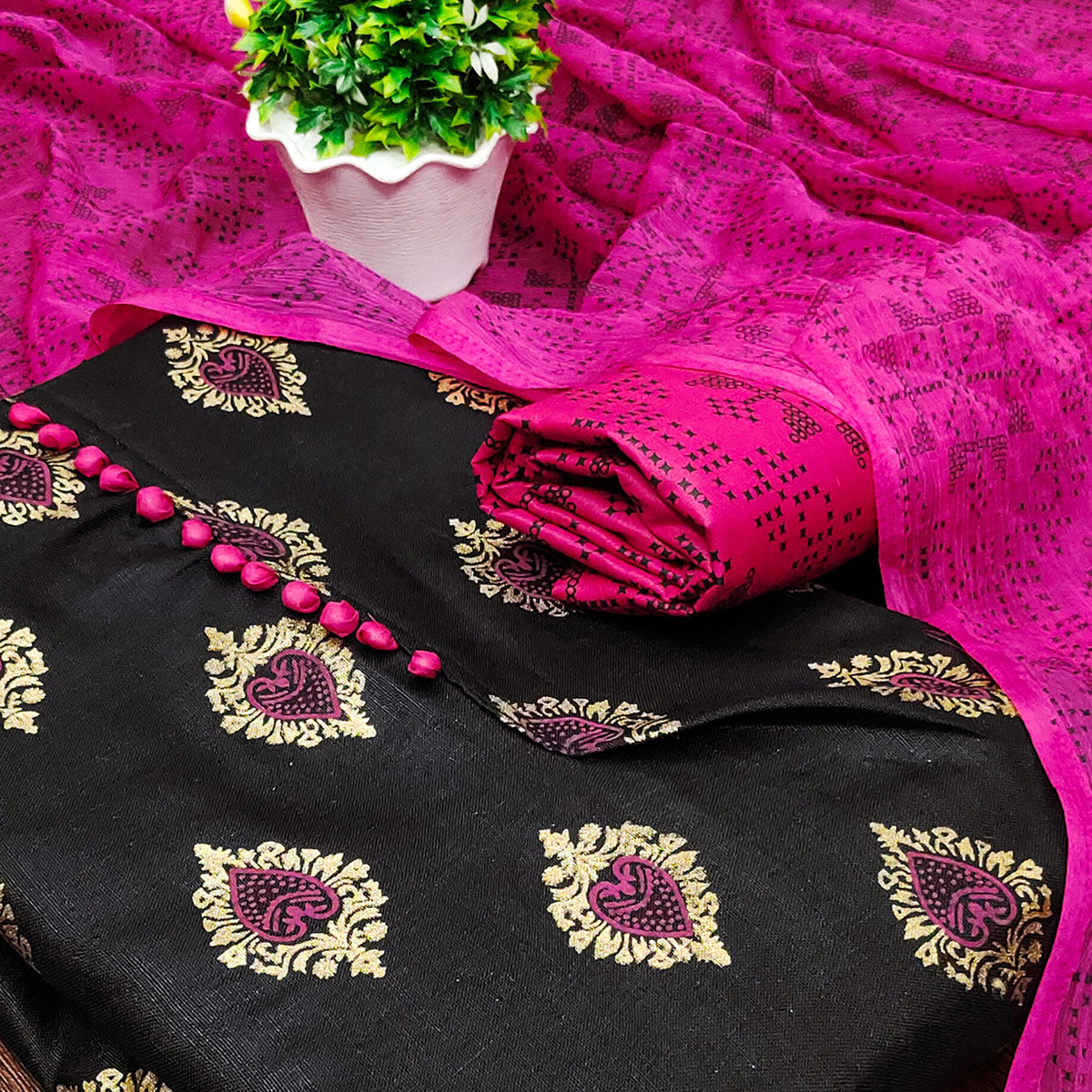 Black & Pink Printed Cotton Blend Dress Material