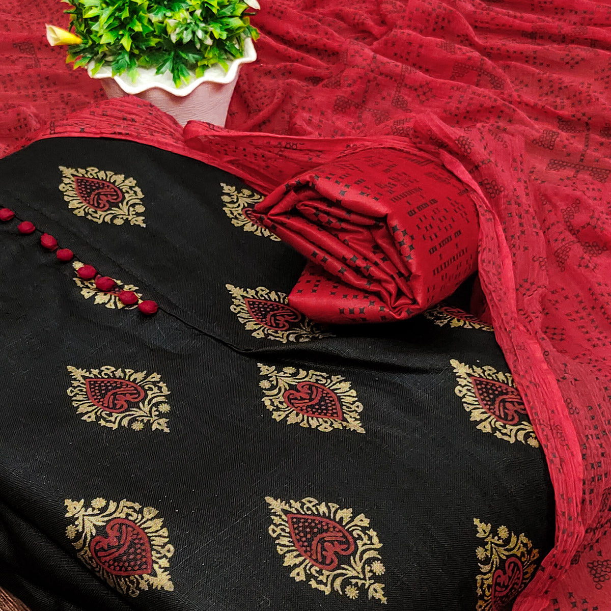 Black & Red Printed Cotton Blend Dress Material