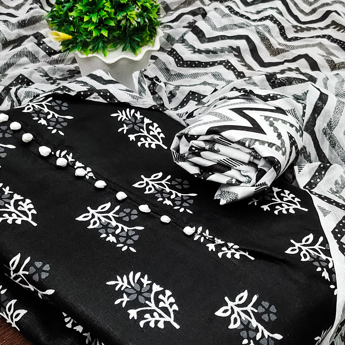 Black Floral Printed Cotton Blend Dress Material