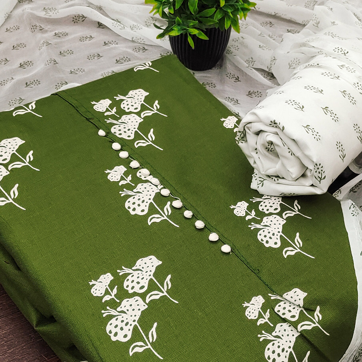 Dark Green Cotton Blend Fabric Featuring Subtle and Elegant Floral Prints