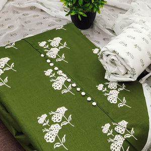 Dark Green Cotton Blend Fabric Featuring Subtle and Elegant Floral Prints