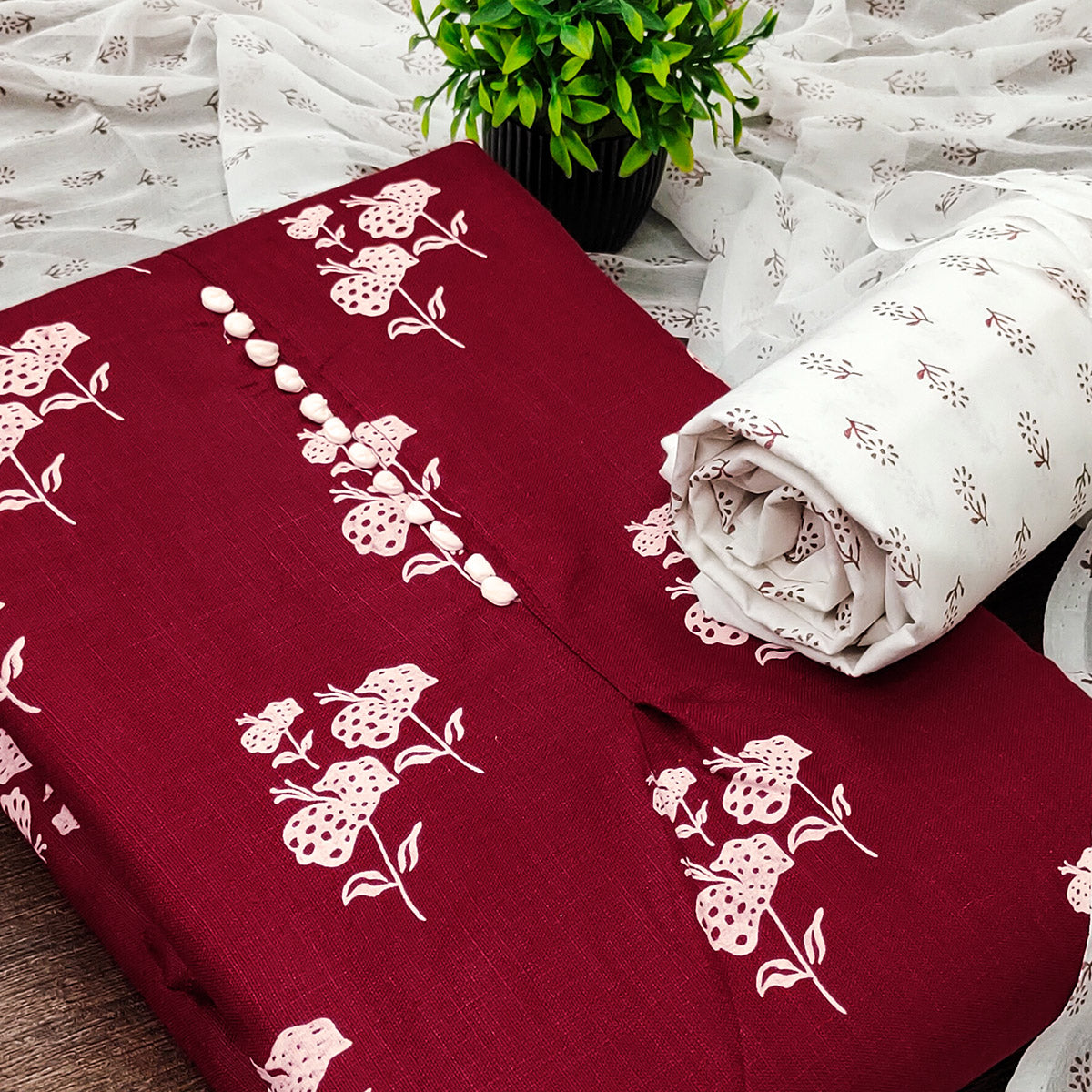 Maroon Cotton Blend Fabric Featuring Subtle and Elegant Floral Prints