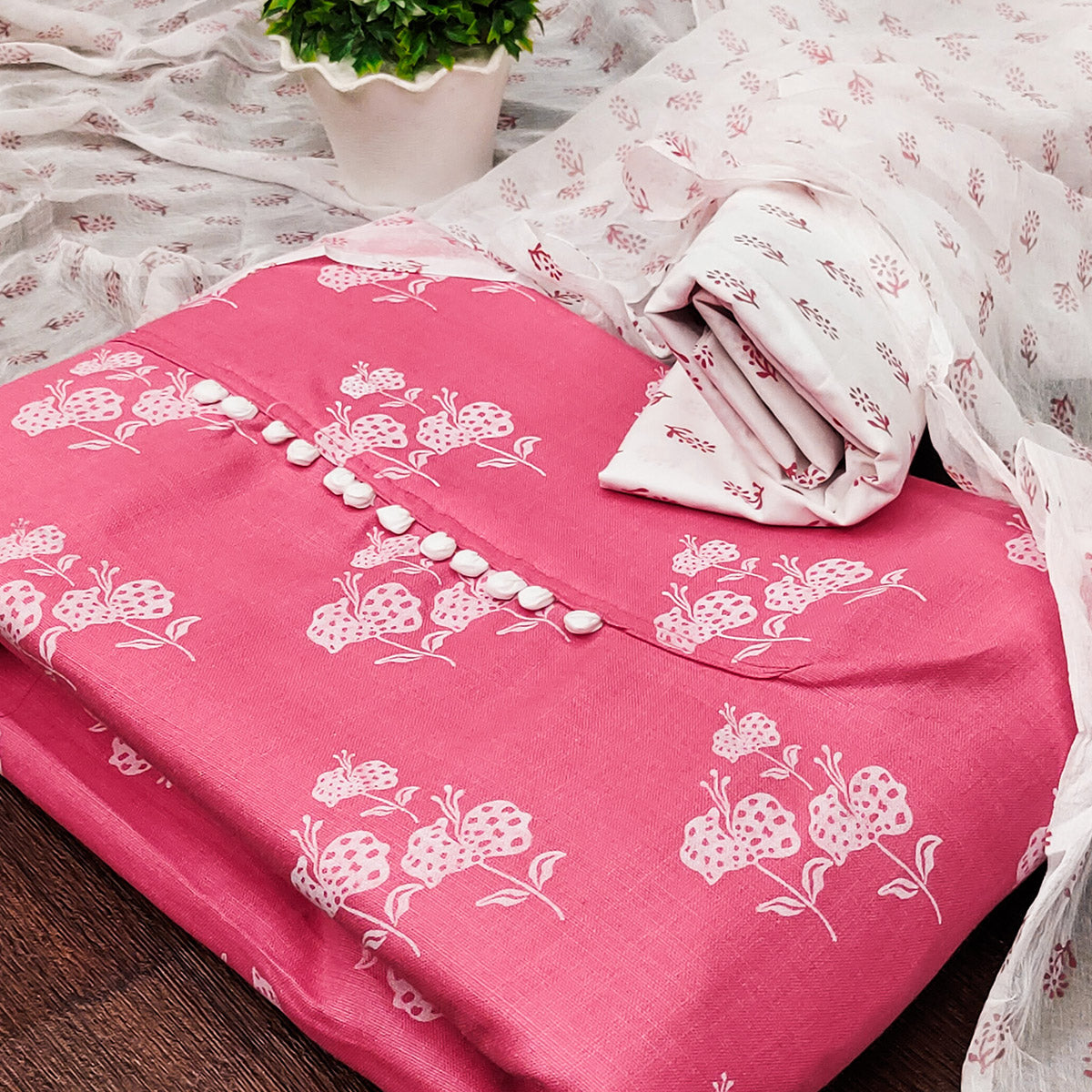 Pink Cotton Blend Floral Printed Dress Material