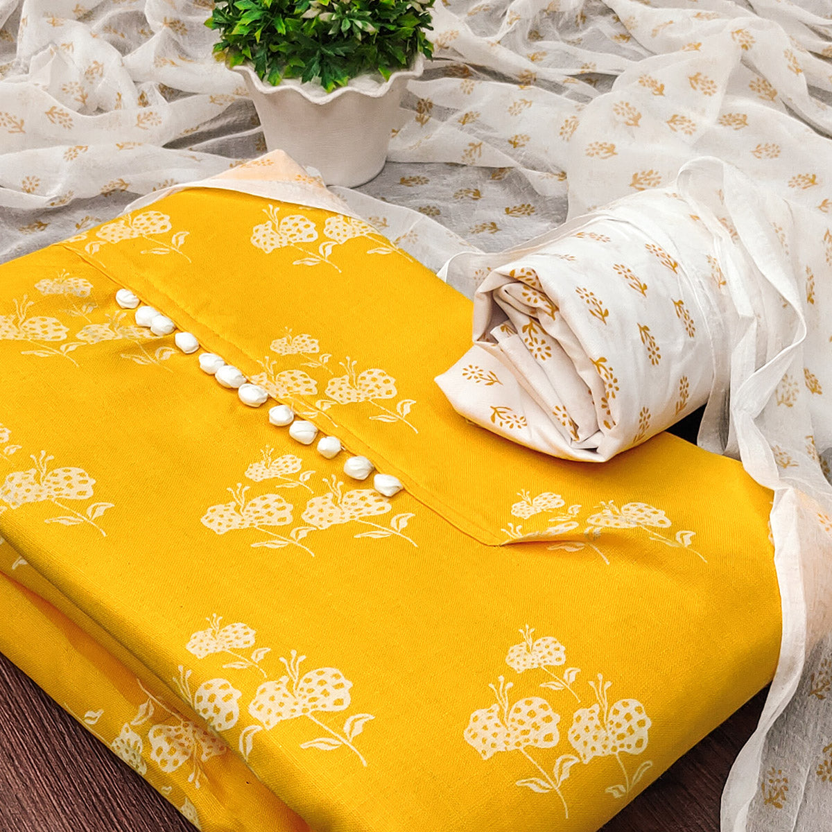 Yellow Cotton Blend Floral Printed Dress Material