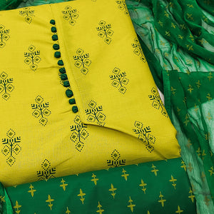 Lemon Green Floral Printed Cotton Blend Dress Material