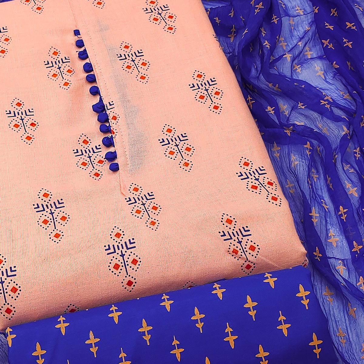 Peach Floral Printed Cotton Blend Dress Material